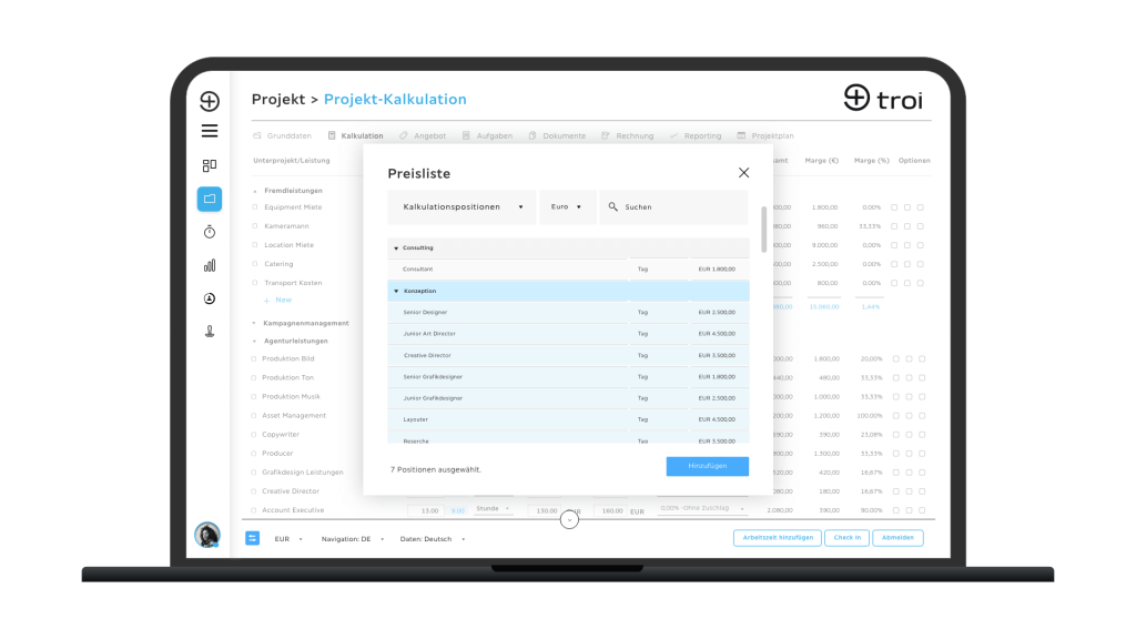 Projektliste (Projekt-Kalkulation mit Preisliste)