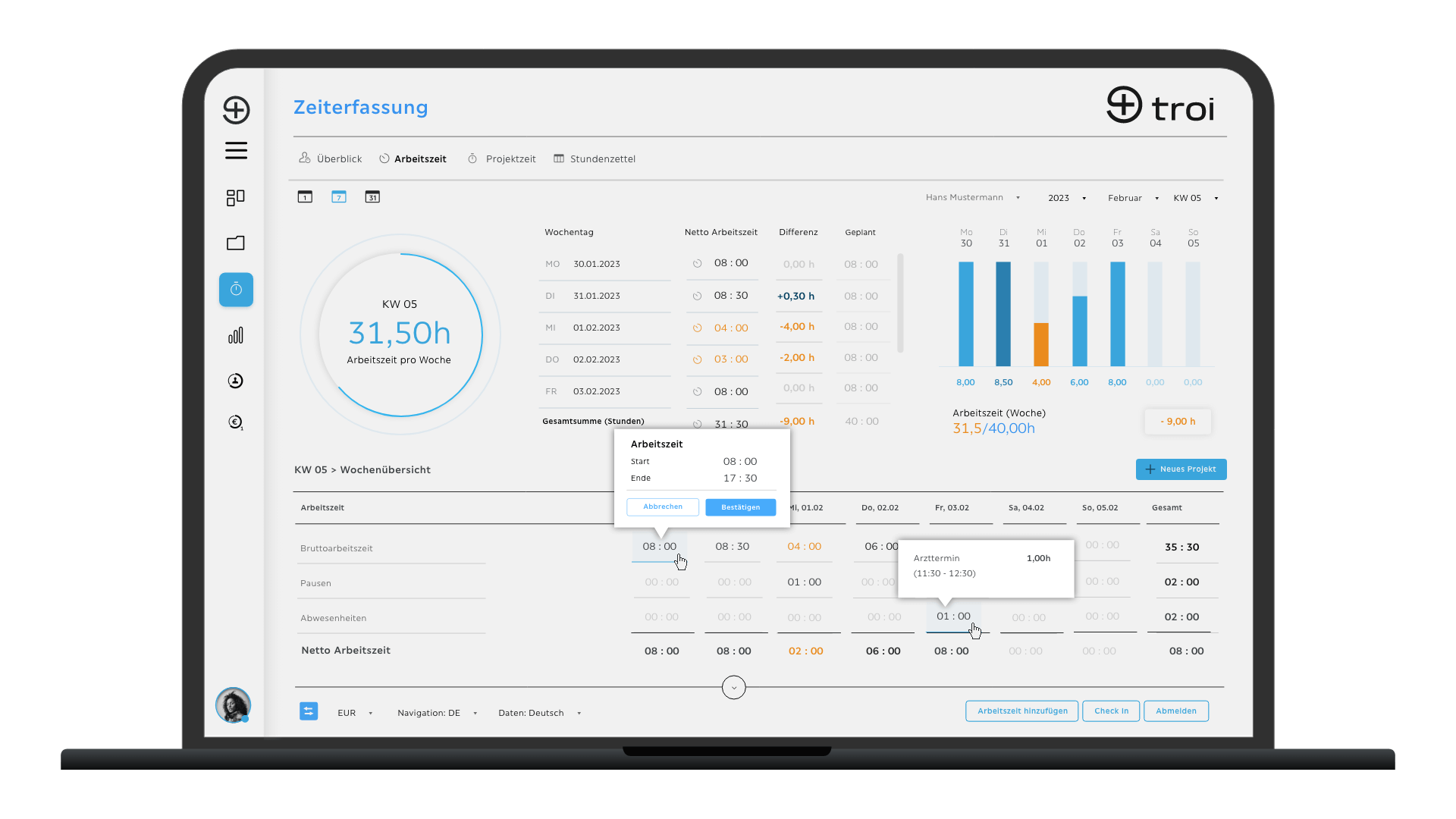 Zeiterfassung für Arbeitszeit-Wochenansicht mit Terminen (Highlight)