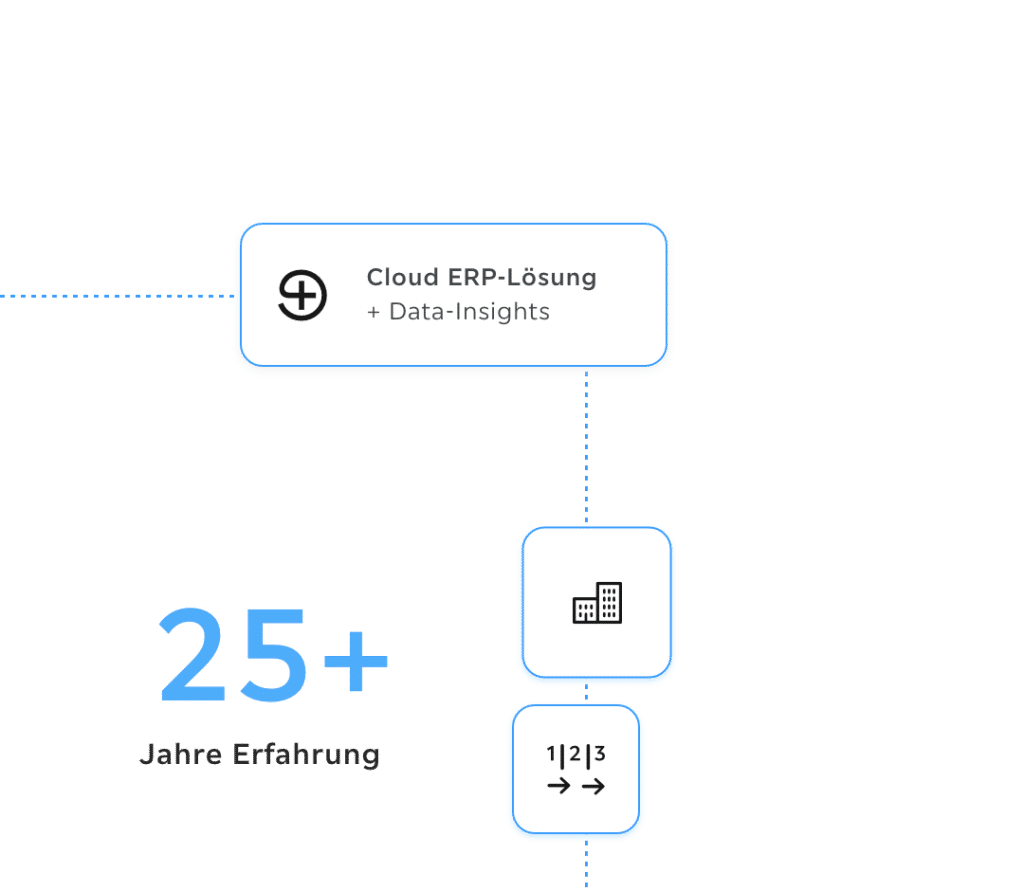 Troi Grafik: „25+ Jahre Erfahrung“ mit Verbindung zu Cloud-ERP-Lösung, Data-Insights und Icon für Unternehmensarchitektur