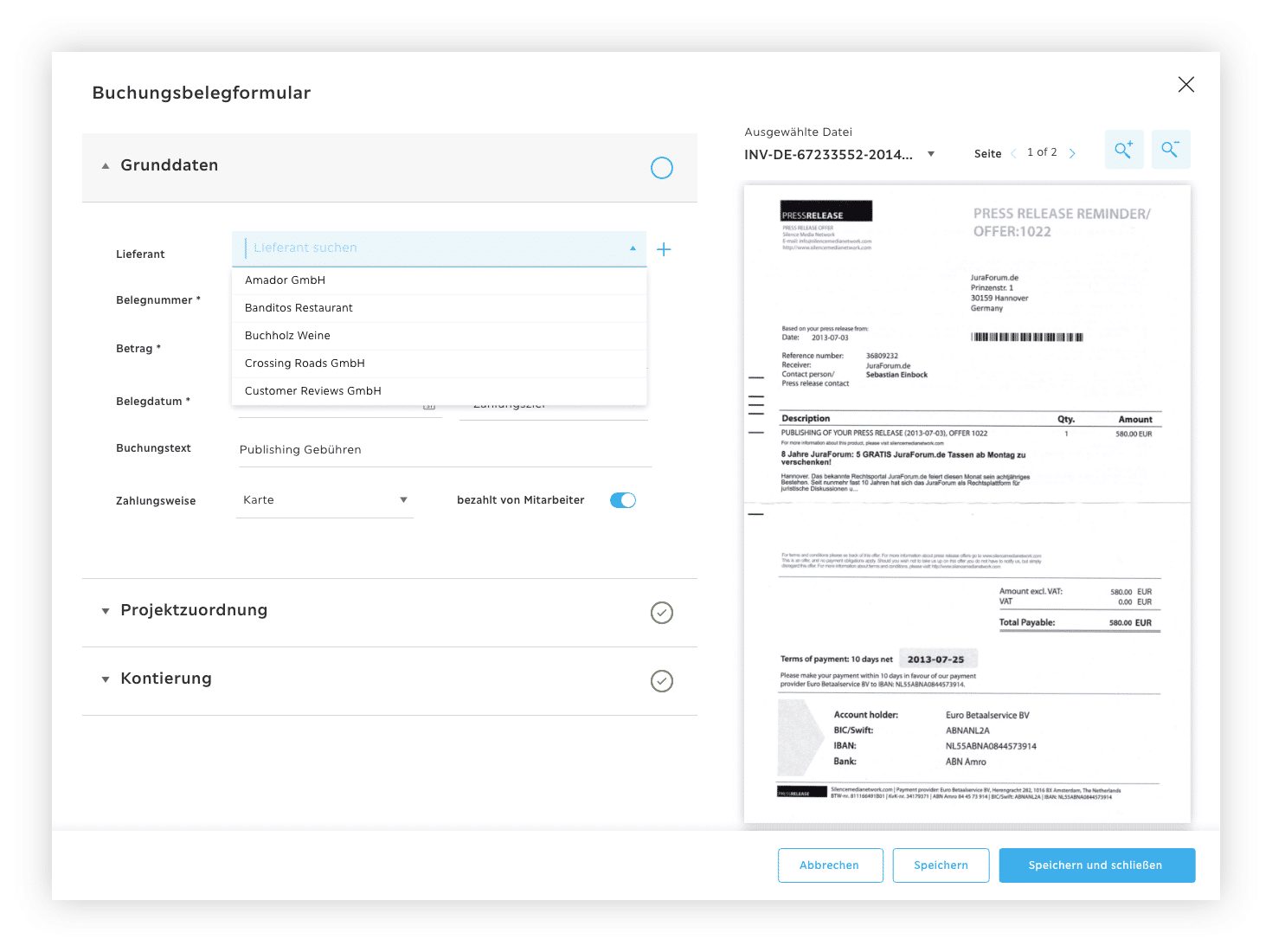 Troi ERP Screenshot: Buchungsbelegformular zur digitalen Belegerfassung – mit Feldern für Grunddaten, Projektzuordnung, Kontierung und Datei-Vorschau